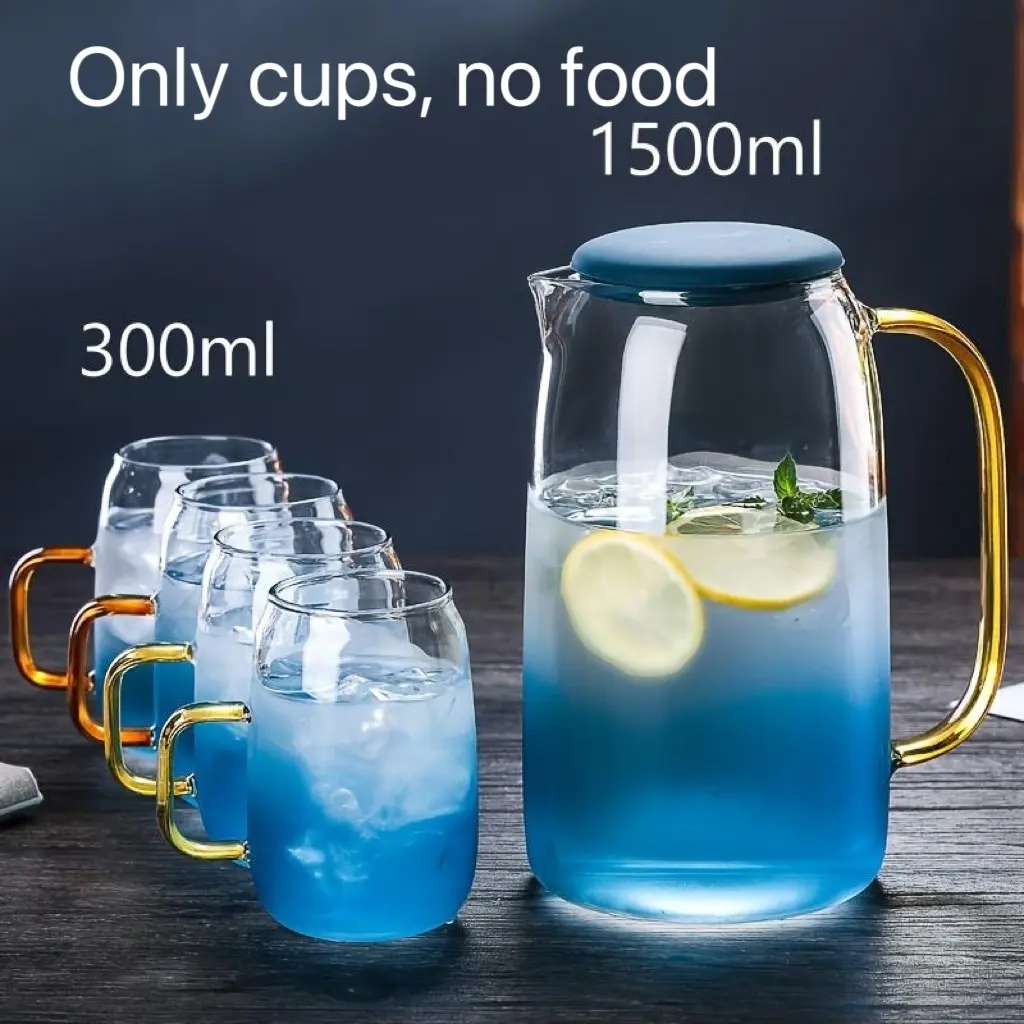5PCS  Piece Glass Water Bottle and Cup Set Blue Elegant Luxury Drinkware with 1 Large Bottle and 4 Cups for Iced Tea Coffee Juice Dishwasher Safe Drinking Glassware