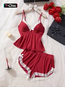 Women's Contrast Lace Bow Decor Modal Cami Top & Tank Top & Shorts Pyjama Set, Sexy Fitted Comfy Breathable Loungewear, Pajama Set for Women, Women's Sleepwear for Summer Pjs, Spaghetti Strap, Lady