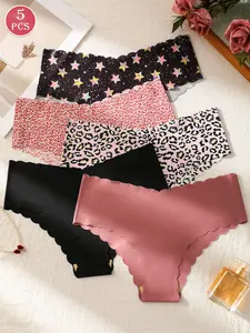 5-pack casual women's low-rise panties comfortable wavy edge women's briefs for daily wear underwear Multicolor Print