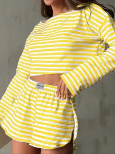 Women's Fashion Striped Knit Long Sleeve Side Split Shorts Set, Autumn Winter Casual, Youthful Style, New Print Design，co-ord sets for women，loungewear set，winter co ord set，Pj sets for women，lounge set for women, Outfit