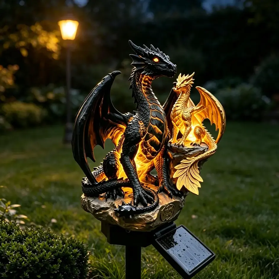 Solar Dragon Garden Stake Light - Outdoor Waterproof LED Mother-Baby Dragon Resin Figurine, Mythical Creature Decor for Lawn, Flower Bed, Home Improvement Garden Supplies