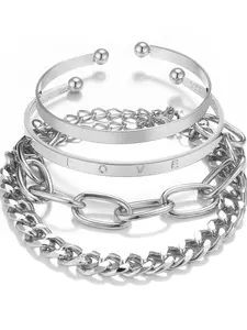 Fashion Letter Decor Hollow Out Cuff Bangle & Link Chain Bracelet, Trendy Stack Bangle, Casual Simple Alloy Jewelry Accessories for Women