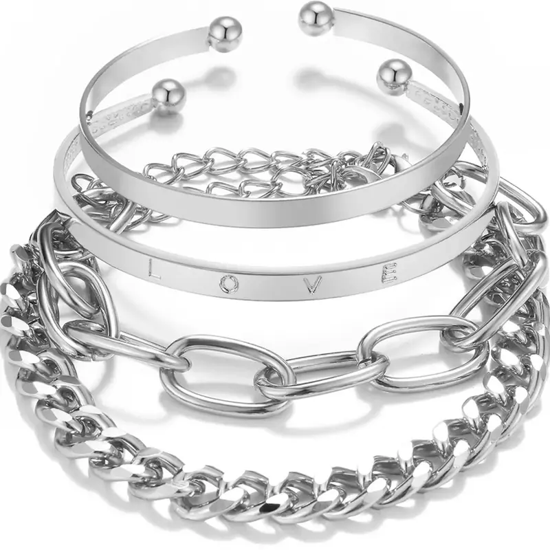 Fashion Letter Decor Hollow Out Cuff Bangle & Link Chain Bracelet Set, Casual Simple Alloy Jewelry Accessories for Women