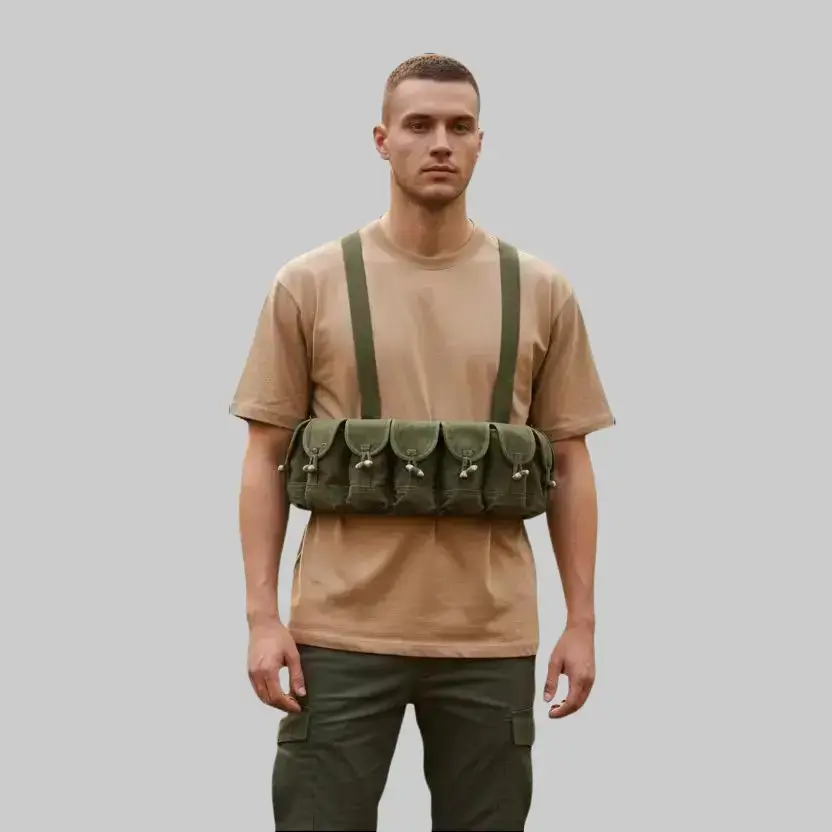 SKS 10-Pocket Tactical Chest Bag – Military Surplus Adjustable Cotton Web Shoulder Straps, Leather Keepers, Wood Toggle Closures, Adjustable Chest Pack, Survival Gear, Multifunctional Chest Bag