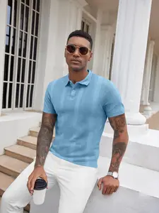 Men's Striped Texture Knit Polo Shirt, Button Design, Perfect for Music Festivals & Beach Vacations, Short Sleeve, Collared