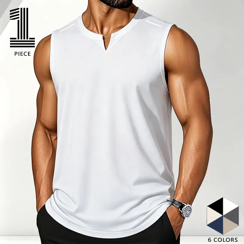 Popular European and American muscle fitness apparel: a small V-neck sleeveless sports T-shirt for men, quick-dry fitness tank top with high elasticity and reflective shoulder stripes; wearing it alone highlights muscle lines, and layering doesn’t add bul Popular European and American muscle fitness apparel: a small V-neck sleeveless sports T-shirt for men, quick-dry fitness tank top with high elasticity and reflective shoulder stripes; wearing it alone highlights muscle lines, and layering doesn’t add bul