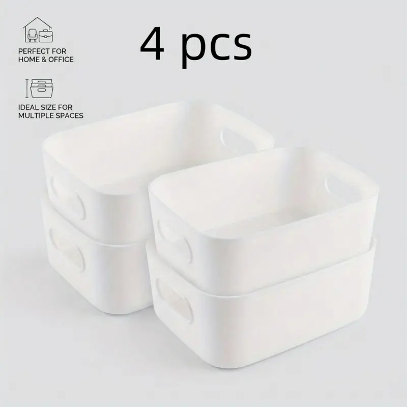 Set of 4 Plastic Storage Bins with Handles, White Stackable Organizer Baskets for Home, Kitchen, Bathroom & Office, Multipurpose Containers for Toys, Cosmetics & Sundrie Organiser Set