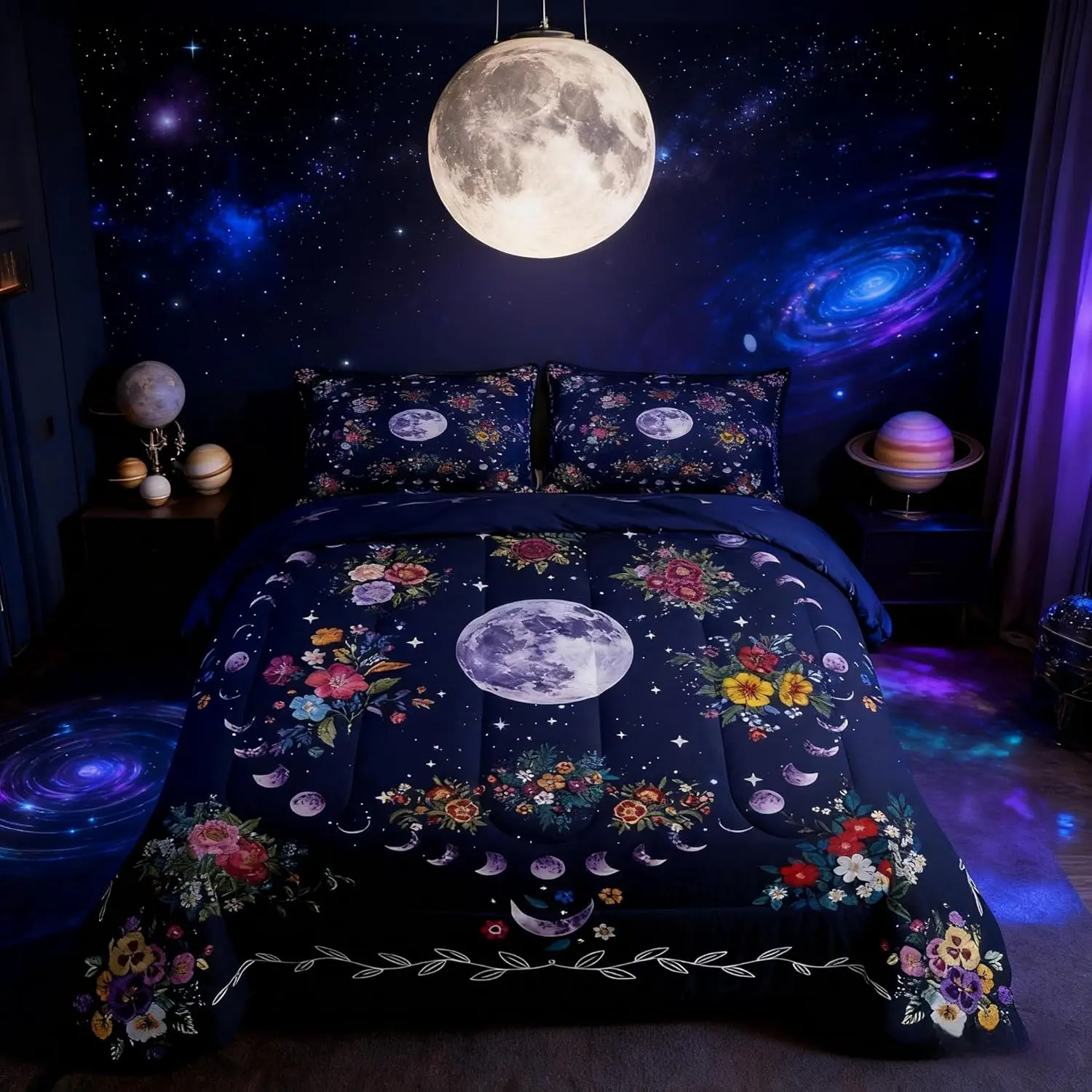 Sun and Moon Comforter Set,Starry Sky Galaxy Trippy Bedding Set Adults Room Decor,Flowers Boho Exotic Retro Down Comforter,Colorful Mystical Duvet Insert