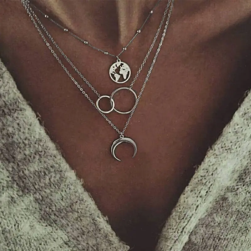 Women's Jewelry Set Pair, Bohemian Style Layering Necklaces with Roaring Moon & Map Pendants and Matching Ring, Everyday Fashion Accessory, Alloy Plated, Daily Wear, 1 X Ring, Female, Jewelry Stack, Electroplated, Boho Necklaces, Layered Necks, Daily Wear