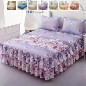 Floral Print Ruffled Edge Bed Skirt Set, 3 Counts/set Including 1 Bed Skirt & 2 Pillowcases without Filler, Comfy Bedding Set for Home Bedroom Floral Bedding Sets