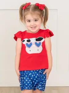 Cool Patriotic Cow Embroidered Ruffle Outfit