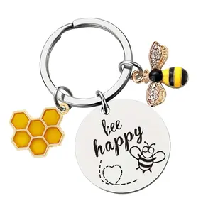 Sparkly Bee & Honeycomb Charm Stainless Steel Keychain - Cute Inspirational Tag, Perfect Positivity Gift for Bee Lovers, Keychains For Women, Cute Keychains