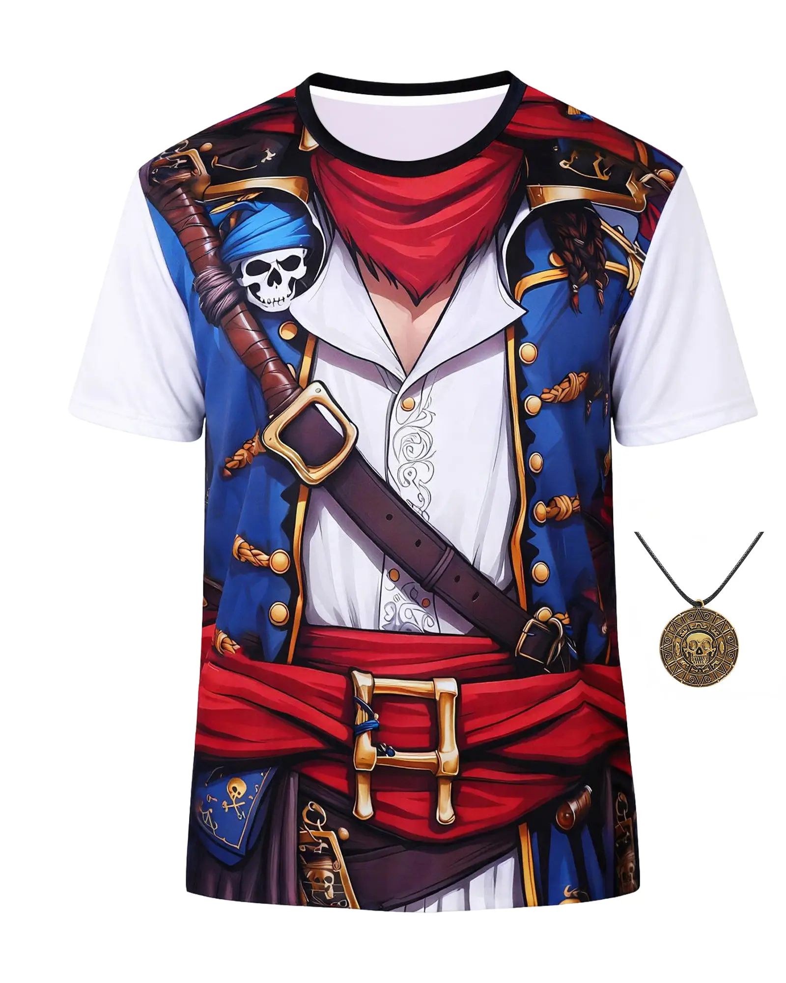 Men's 3D Print Pirate Costume Polyester T-Shirt - Casual Menswear, Soft Straight Short-Sleeve Tee with Skull Coin Necklace for Halloween Cosplay Party, Hem