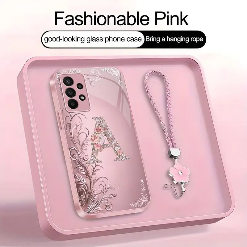 Suitable for [Galaxy A23] high-end women's phone case🤩，a beautiful four-leaf clover lanyard is included🍀，Exquisite floral print, non-3D rhinestones, 26 letters to choose from YM99