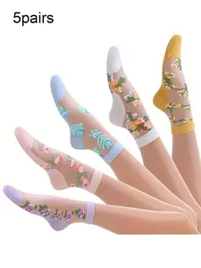 Women's Floral Embroidery Contrast Lace Colorblock Ankle Socks, Casual Comfy Breathable Soft Socks for Daily Wear, Ladies Socks for All Seasons