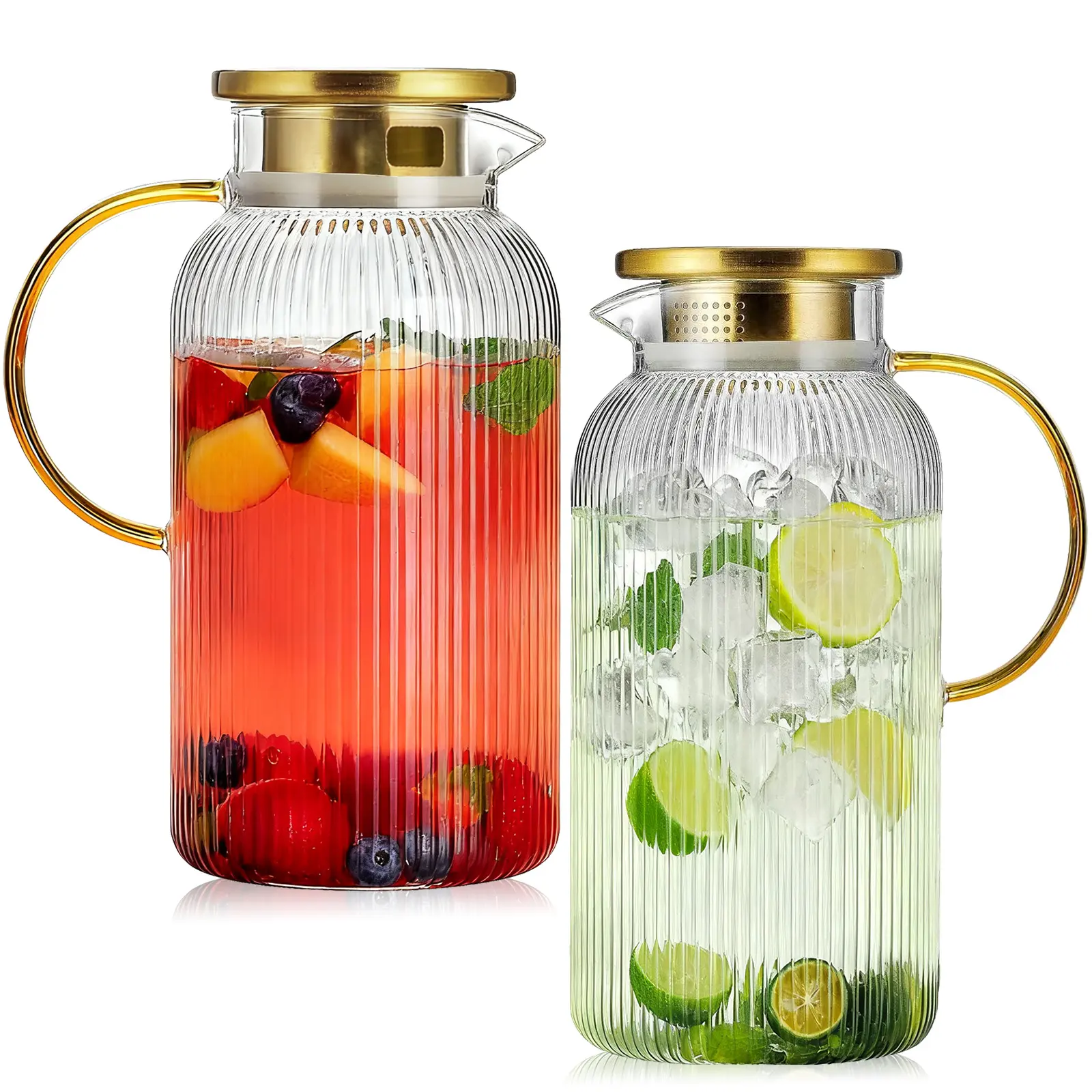 2-Pack Classic Heat-Resistant Glass Pitcher Set with Lids & Handles, 68 oz (2L, Above 2000 ml) Vertical Stripe Durable Jugs for Lemonade, Iced Sun Tea, Camping & Kitchen Water Storage, Cold Brew