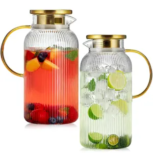 2 PACK Glass Pitcher with Lid, 68 oz/ 2 Liter Classic Vertical Stripes Water Pitcher with Handle,Glass Water Carafe for Cold Brew, Coffee, Lemonade, Iced Sun Tea,Beverage,Heat Resistant