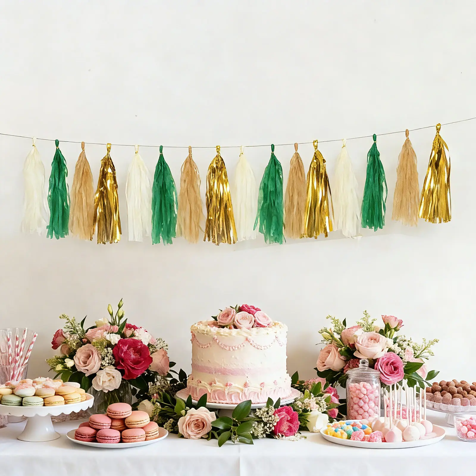 16-Pack Pre-Tied Paper Foil Tassel Garland - Pre-Tied Tassels, Gold & Green, 10ft Length Hanging String, Casual Festive Decorations for Baby Shower, Birthday Event, Ceiling Decoration, Decorative Foil Packaging Hanging Ornaments