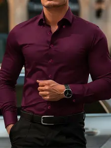 Men's Wine Long Sleeve Shirt, Casual Solid Shirt, Casual Fitted Design, Plain Pattern, All Seasons Wear, Comfortable and Stylish