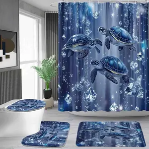1/4 piece deep sea turtle diamond pattern shower curtain set, waterproof shower curtain with 12 hooks, non-slip bathroom carpet, toilet U-shaped cushion, toilet seat cover cushion, bathroom shower curtain set, perfect moving gift.