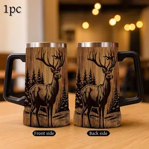 1pc 24oz Vintage Wood Grain Deer Forest Handle Stainless steel insulated water bottle, Tumbler Insulated -Proof Travel Mug for Coffee,Tea,or Water-Durable,Reusable,and Stylish Design for On-the-Go Use Coffee Thermos