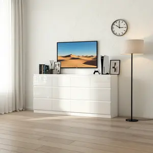 High Gloss 7/9/12 Drawer Dresser with Power Outlet, Modern Handleless Bedroom Storage Cabinet with Built-in Charging Station, Large Chest of Drawers Organizer