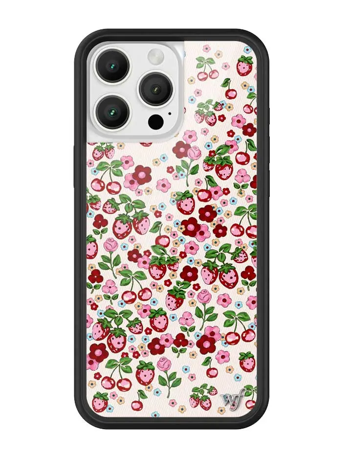 Berry World | Limited Edition Trendy iPhone Case | Raised Protective Black Bumper | Women Owned Small Business | Bright Red and Pink Strawberries Egg Shell White Background Green Leaves | Safety Casing Protective | Gift for Her