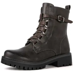 GLOBALWIN Women's Combat Boots Grey Low Heel Buckle Strap Ankle Boots For Women 7M