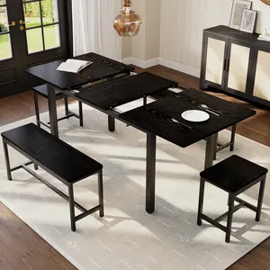 63" Extendable Dining Table Set for 6-8 – Modern Black MDF Top, Metal Frame – 2 Benches & 2 Stools – Space-Saving Large Kitchen & Dining Room Furniture – Easy Assembly