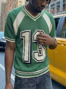 Spring Summer Unisex Vintage Breathable V-Neck Short Sleeve Patchwork Number 13 Jersey, Trendy Streetwear Knit Top