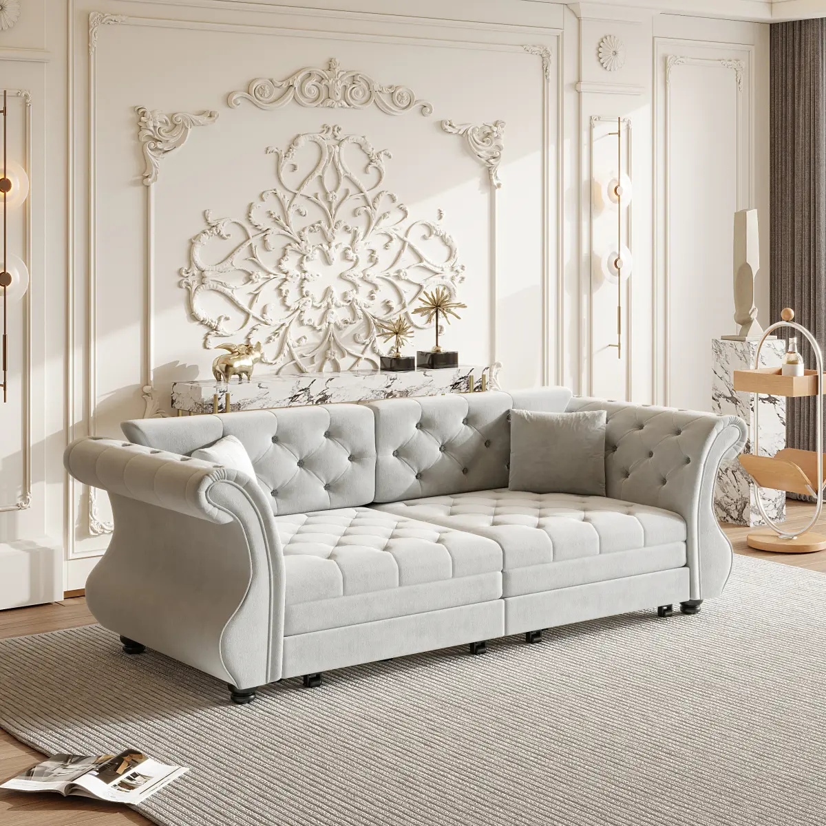 83.8" Oversized Chesterfield Pull-Out Modern Sleeper Sofa Bed, Classic Roll Arm Velvet Couch with Flower Tufting, Upholstered Furniture for Living Room, Bedroom, Light Grey