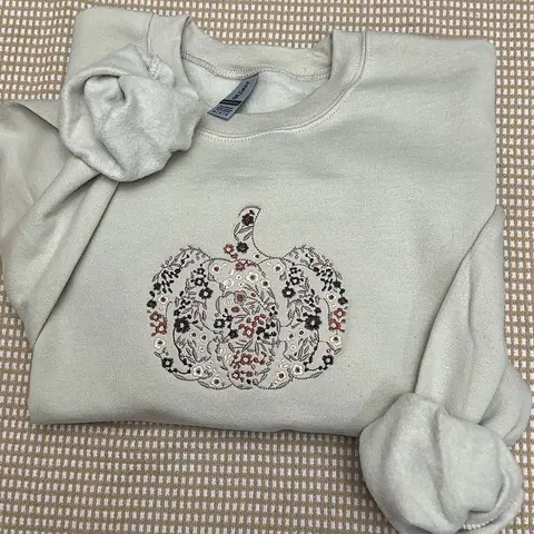 Vintage Neutral colors Pumpkin floral fall sweatshirt crewneck , cute fall sweatshirt, spooky season, spooky szn, Halloween, Halloween sweatshirt, embroidered Halloween sweatshirts