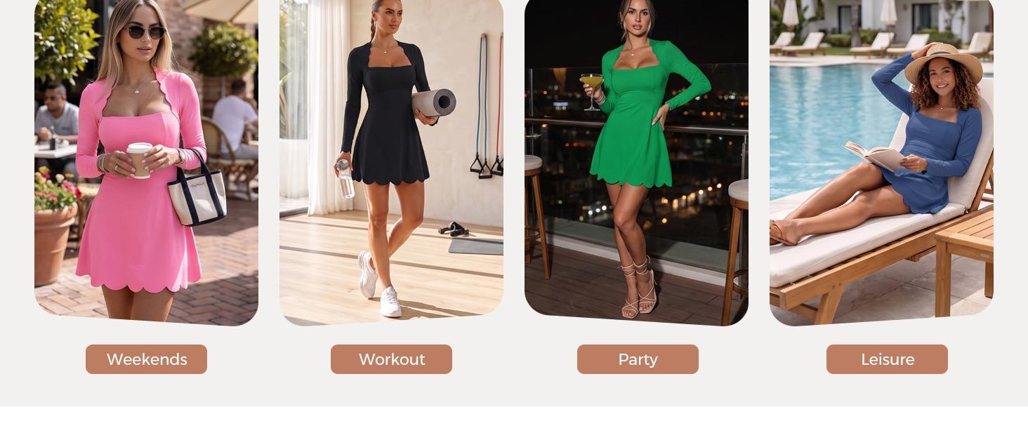 Fisoew Women's Scalloped Square Neck Mini Dress, Long Sleeve Bodycon Fit Flare A Line Short Dress Solid Cute Club Party Skater Dress