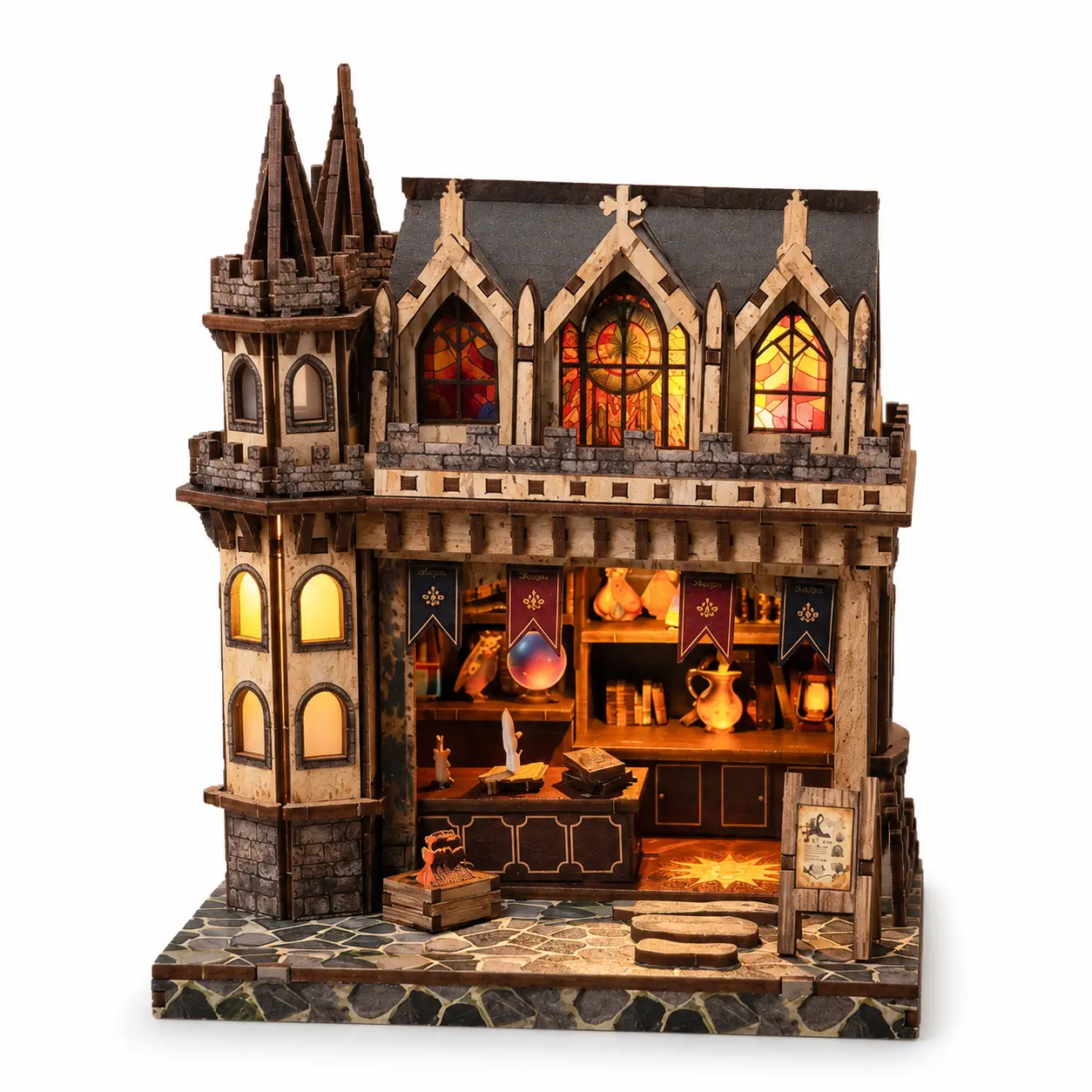 DIY Miniature House Kit - 174-Piece Wood and Paper Gothic Spire Shop with Warm LED Lights, 3D Craft Model for Bookshelf Decor, Creative Adult Hobbyists