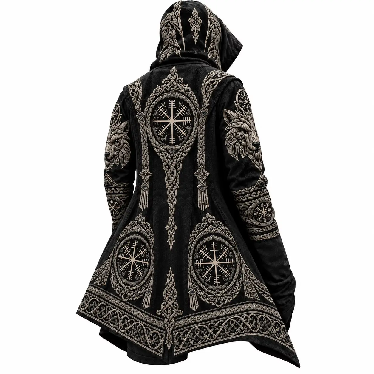 Unisex Viking Wolf Hooded Cloak Coat, White Liner, 3D All Over Print Vegvisir Rune Celtic Knot Dragon Wing Asymmetrical Hem Long Hood Jacket, Medieval Renaissance LARP Halloween Cosplay Outerwear, Norse Mythology Graphic Hood Overcoat