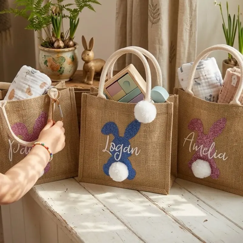 Taniri Personalized Burlap Easter Bunny Basket Bag for Children - Customizable Name, Magical Sparkle Tote with Fluffy Pom-Pom Tail, Reusable Egg Hunt Container, Festive Gifts for Easter Morning Celebrations