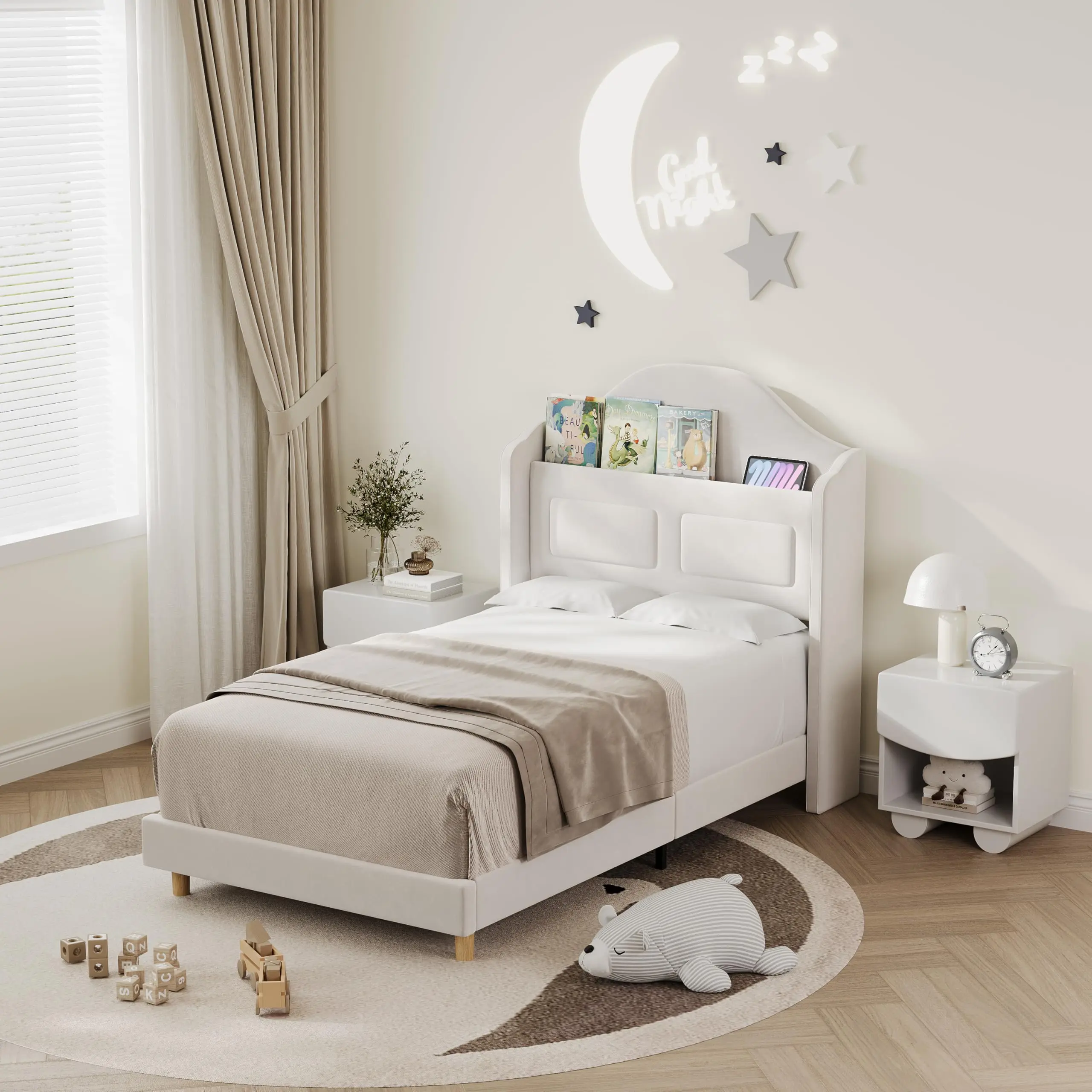 Garvee Twin Wingback Velvet Platform Bed with LED Lights, Upholstered Storage Headboard, Wooden Slats Support, No Box Spring Needed, Beige - Stylish and Functional Furniture