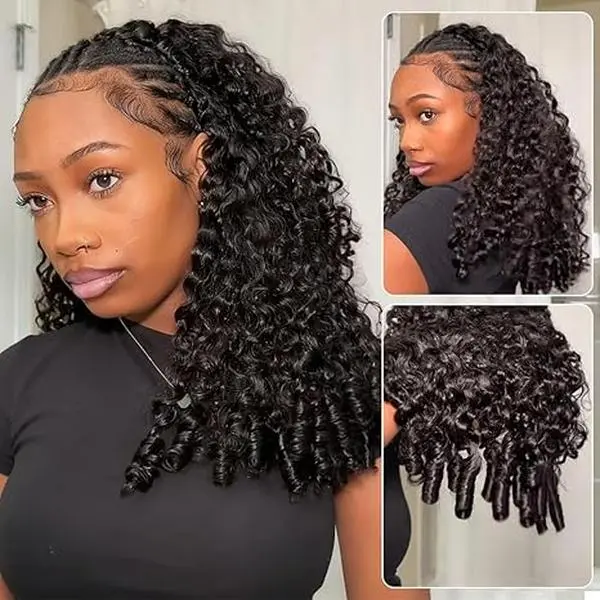 [3 In 1 Half Wig] Burmese Curly Half Wig Human Hair Glueless colored Wig For Black Women 180% Density With Drawstring Ponytail No Lace Seamless Flip Over  Headband Wig Beginner Friendly