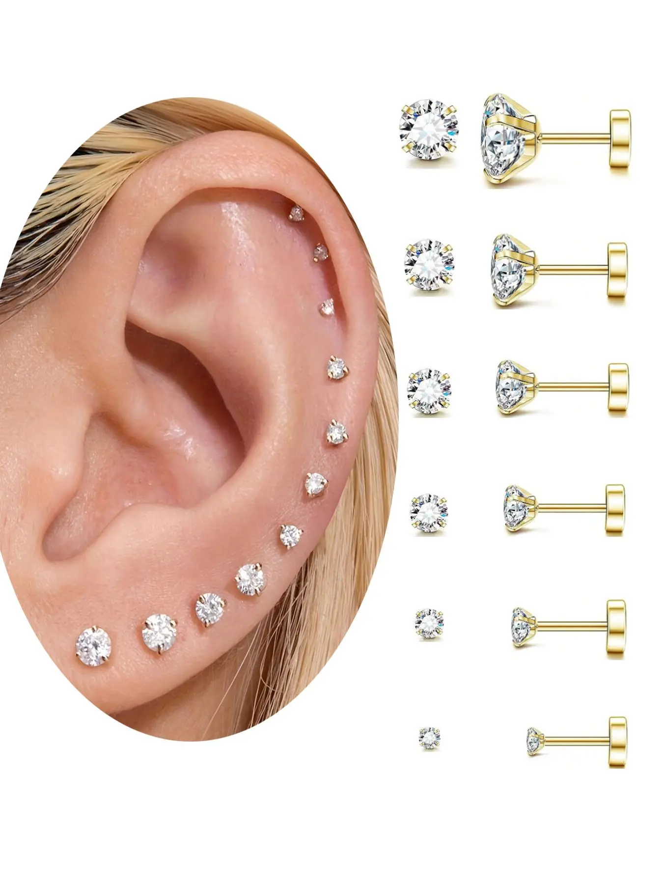 Earrings Set, Stainless Steel Cubic Zirconia Ear Bone Studs, 20G Ear Cartilage Piercing Earrings, Body Piercing Jewelry, Fashion Accessories for Women & Men, Earbone Studs, Chic Body Jewelry, Ear Piercings