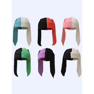 Unisex Y2K Colorblock Long Bunny Ear Beanie, Warm Knit Hat for Easter Halloween Party, Fashion Accessory for Music Dance Events