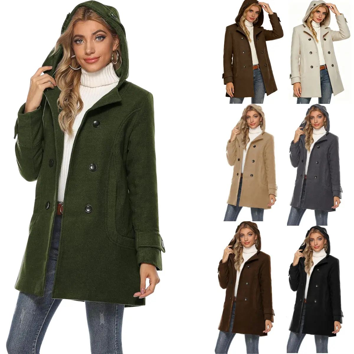 Yeokou Women's Chic Elegant Hooded High Neck Double-Breasted Button Wool Blend Pea Coat, Casual Above-Knee Long-Sleeve Outerwear Jacket with Pockets