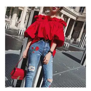 2025 Plus Size Women's Summer Red Five-Quarter Sleeve Ruffled Off-Shoulder Blouse for Women, Flattering for Plus Size HOT