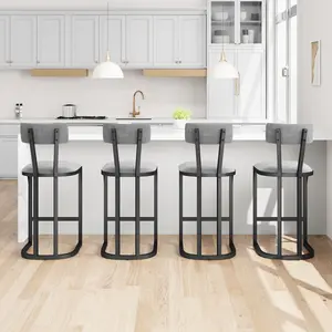 Modern Grey Soft Bar Stools with Backrest, Metal Frame & Footrest - Upholstered 26.4" Counter Height Kitchen Island Chairs, Set of 2 for Home or Breakfast Bar, 2pcs per set