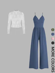 Valentine's Day Two-piece Set Women's Fitted Solid Color Lettuce Trim Mock Neck Sheer Lace Top & Pocket Wide Leg Cami Jumpsuit, Elegant Fashion Casual Two Piece Outfits for Daily Outdoor Wear, Women Clothes for Spring Fall, Womenswear Sleeves