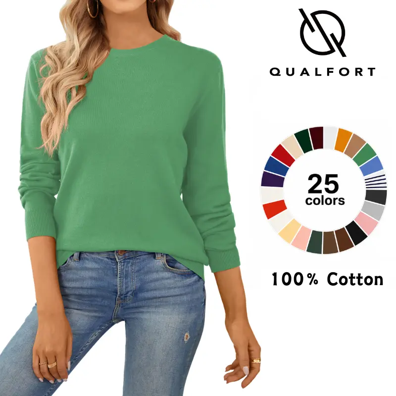 QUALFORT Women's 100% Cotton Crewneck Round Neck Knitwear - Lightweight Long Sleeve Pullover Top with Ribbed Cuffs, Machine Washable, Outdoor Use,clothes for back to school,first day of school outfits