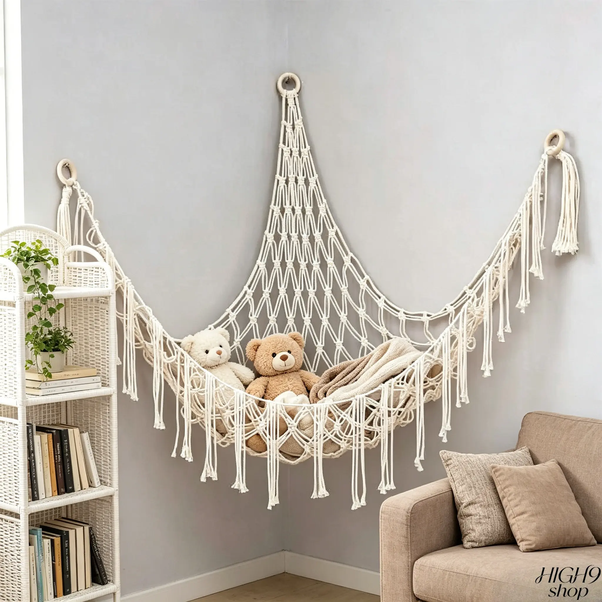 60In Hand-Woven Cotton Rope Plush Toy Storage Net, Hangable Triangle Wall-Mounted Corner Basket, Boho Style Organizer, Dual-use Decor & Storage Accessory for Bedroom, Dorm and Chill Room