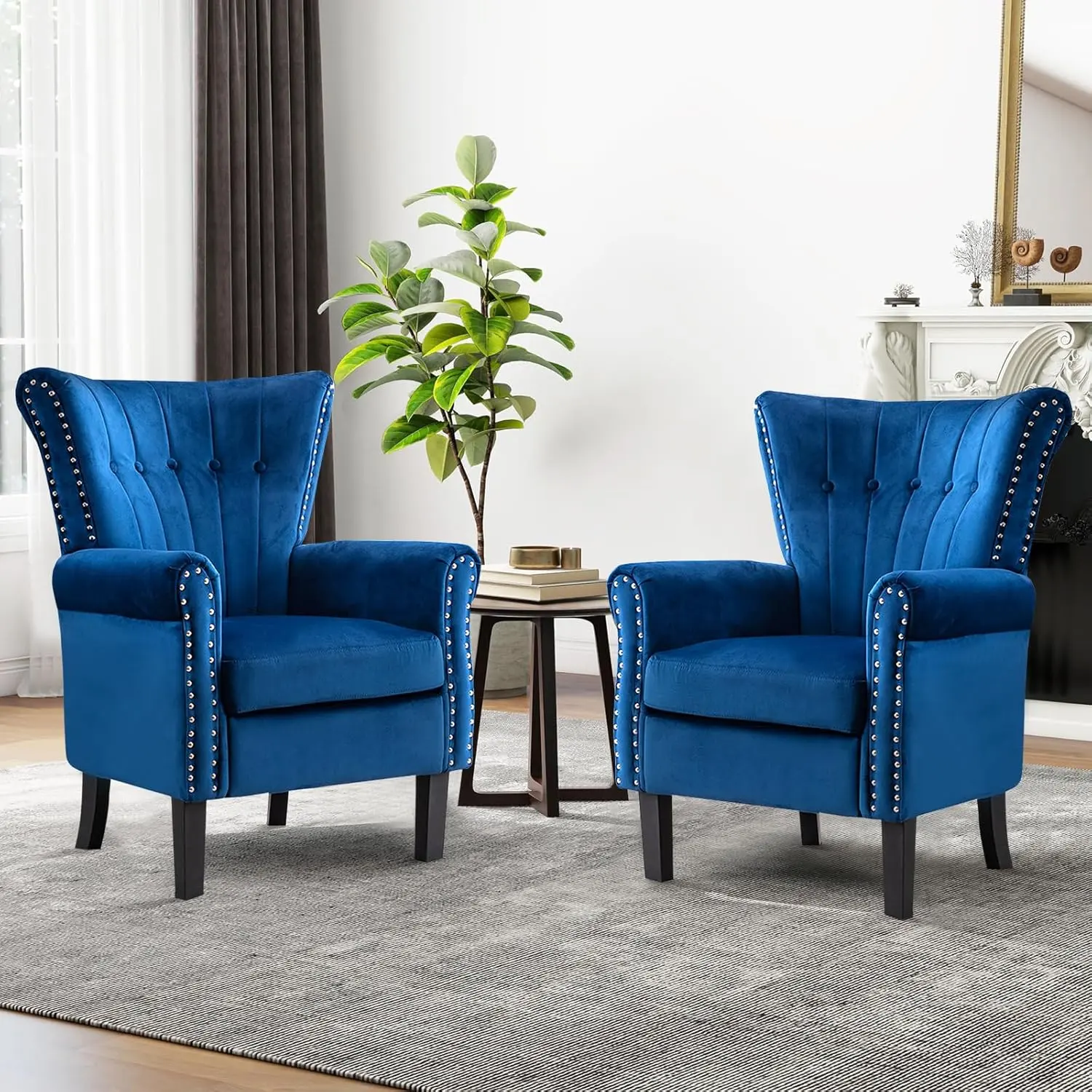 Velvet Single Accent Chair Upholstered Tufted Wingback with Nail Trimed Around for Bedroom Living Room,Blue