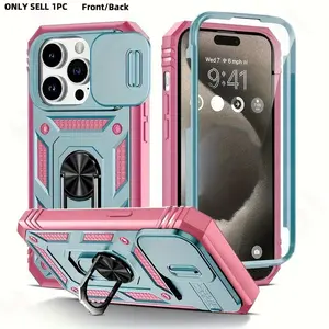 for iPhone 17 16 15 14 13 12 11 Pro Max Shockproof Protective Armor 360° Rotating Metal Magnetic Ring Stand Cellphone Protector Phone Case Casing with Sliding Lens Cover Protection Accessories