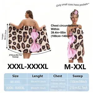 Leopard Print Bath Hair Drying Towel Skirt Set with Pink Bow & Hair Turban, Beige Brown Black Spots, Plus Sign Illustration, Matching Components, Perfect for Beach/Pool/SPA, Holiday Gift, Available in Plus Size XXXXL & One Size, Hair Wrap Towel