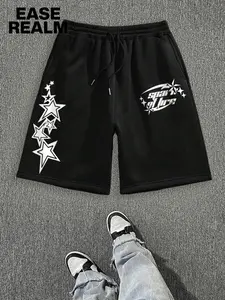 Starburst Slogan Print Shorts, Drawstring Waist Design, High Street Loose Fit Heavyweight Unisex Five-Quarter Pants